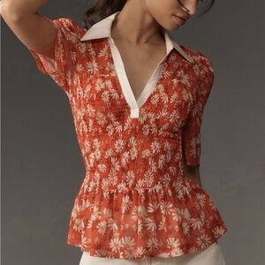 Anthropologie Maeve Smocked Polo Top Short Sleeve L
